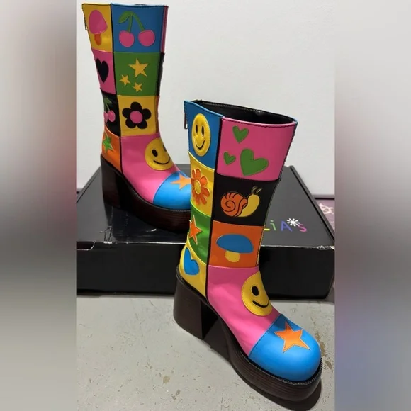 Dolls Kill Colorful Graphic Heeled Boots - Picture 2 of 11